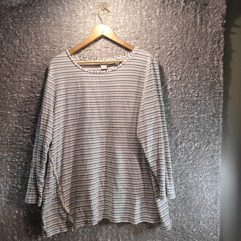 Chico's White Black Striped Button Side Long Sleeve Tee Size 4, XXL Rayon Cotton